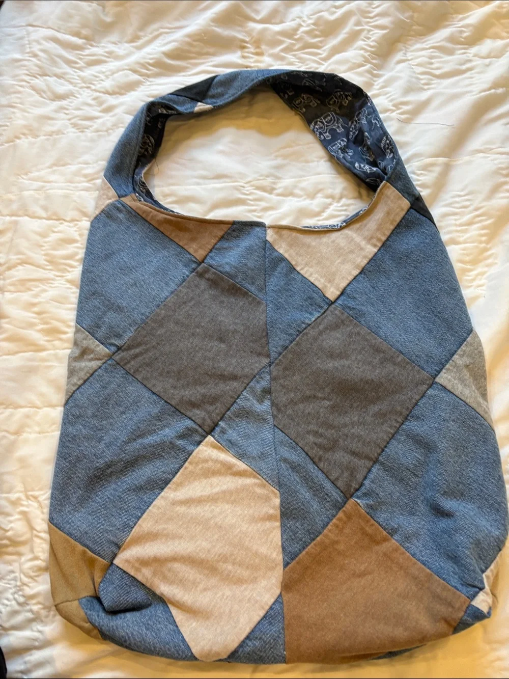 Upcycled Patchwork Blue and Brown Shoulder Tote